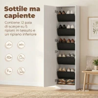HOMCOM Scarpiera a Specchio con 5 Ripiani in Tessuto non Tessuto e Mensola Inferiore, in Legno, 50x20x180 cm, Bianco(m-4)