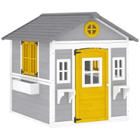 Outsunny Wooden Playhouse with Doors, Windows, Plant Pots, Boxes, for 3-8 Years - Grey(m-1)