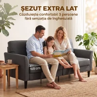 HOMCOM Canapea 3 Locuri din Țesătură cu Efect de In, cu Cotiere Curbate și Căptușeală Groasă, Gri Închis(m-7)