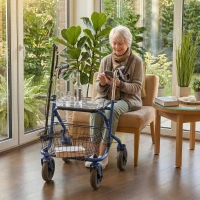 HOMCOM Déambulateur 4 roues pliable, rollator en acier inoxydable, siège rembourré en PU, poignée réglable, bleu(m-17)