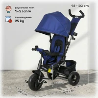 HOMCOM Kinder-Dreirad, Kinderfahrrad, Rückenkorb, Becherhalter, Sonnendach, Metall, Dunkelblau(m-3)