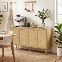 HOMCOM Rotan sideboard met 4 deuren, boho keukenbuffet met 2 verstelbare legplanken, houtlook natuur(m-9)