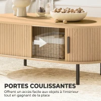 HOMCOM Table basse ovale en bois, table de salon moderne avec portes coulissantes et rangement caché, 100x55x40cm, bois naturel(m-5)
