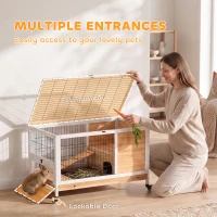 PawHut Wooden Guinea Pig Hutch, 2-Floor Bunny Cage w/ Enclosed Run Area, Yellow(m-5)