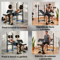 HOMCOM Bancă Multifuncțională cu Suport pentru Haltere și Spătar Reglabil, din Oțel și PU, 155x56.5x120 cm, Negru și Albastru(m-7)