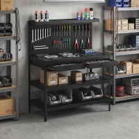 HOMCOM Werkbank mit verstellbaren Regalen, robuste Arbeitsstation mit Lochwand und 2 Schubladen, 122 x 61 x 156 cm, Schwarz(m-7)
