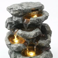 Outsunny Outdoor Fountain with 6-Tier Rock Design, Waterfall Feature with LED Lights, Resin Freestanding Garden Fountain, Grey(m-11)