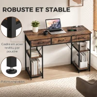HOMCOM Bureau avec rangement avec prises de courant, 3 tiroirs en tissu et 4 étagères de rangement, 120 x 40 x 76 cm, marron(m-7)