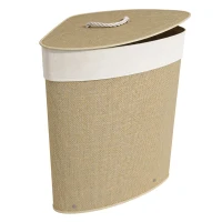 HOMCOM Wäschekorb im Eckdesign, Bambusgeflecht, 55 Liter, Stoffbeutel, Metallrahmen, Creme(m-12)