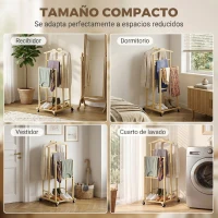 HOMCOM Galán de Noche de Bambú con Ruedas Barras para Ropa Soporte para Pantalones Bandeja y Estante Inferior Natural(m-8)