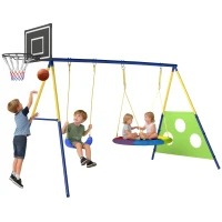 AIYAPLAY Schaukelgestell 4-in-1 Schaukel-Set bis 150 kg mit Nestschaukel Basketballkorb Fußballtor U-Schaukel 288 x 160 x 220 cm(m-12)