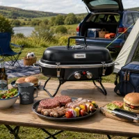 Outsunny Foldable Gas BBQ Grill 2 Burner Table Top Barbecue with Lid Piezo Ignition Thermometer for Camping Picnic Cooking, Aluminium Alloy(m-2)