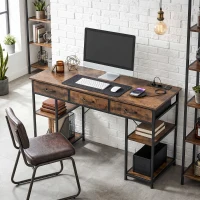 HOMCOM Bureau avec rangement avec prises de courant, 3 tiroirs en tissu et 4 étagères de rangement, 120 x 40 x 76 cm, marron(m-14)