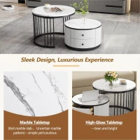 High Gloss Nesting Coffee Table with Marble Pattern Top, Storage Drawers, Modern Round Side Tables for Living Room, White+Black(m-7)
