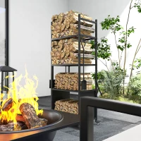 Outsunny Vierlaags Vuurhoutrek met Wielen en 4 Gereedschappen, Haardhoutrek van Metaal voor Binnen en Buiten, Zwart(m-7)