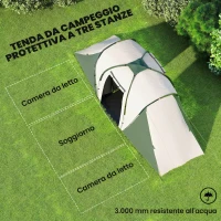 Outsunny Tenda da Campeggio 4 Persone con 2 Camere, in Poliestere e Fibra di Vetro, 555x225x190 cm, Grigio e Verde(m-4)