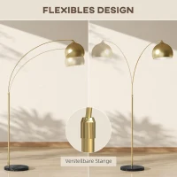 HOMCOM Bogenleuchte, Stehlampe, höhenverstellbar, Fußschalter, Sockel in Marmoroptik, 170-180cm, Gold/Schwarz(m-5)