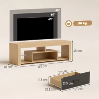 HOMCOM Lowboard RTV do telewizorów do 165,1 cm, nowoczesna szafka RTV z regulowanymi półkami szklanymi, dąb(m-3)