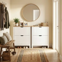 HOMCOM Slim Shoe Cabinet, Narrow Shoe Cupboard with 2 Flip Drawers, Adjustable Shelves for 12 Pairs of Shoes, High Gloss White(m-13)