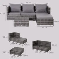 Outsunny 3PC Rattan Garden Furniture Storage Sofa Set, 4 Seater Wicker Coffee Table Conservatory Sun Lounger Reclining Set with Cushion, Grey(m-3)