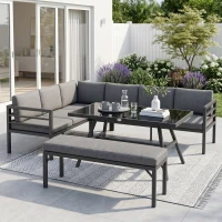 Outsunny 4 Piece L-shaped Garden Furniture Set 8-Seater Aluminium Outdoor Dining Set Conversation Sofa Set w/ Bench, Dining Table & Cushions, Grey(m-2)