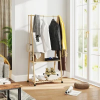 HOMCOM Cuier din Bambus cu Raft pentru Încălțăminte, 2 Cârlige, Cuier Mobil pentru Hol, Sufragerie, Natural(m-2)