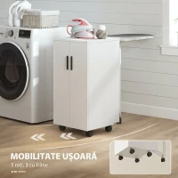 HOMCOM Mobilier pentru Masa de Călcat Pliabil cu Roți, Raft Reglabil și Închidere Soft Close, din Lemn și Material Textil, 128x43x83 cm, Alb(m-7)