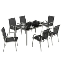 Set mobilier de grădină Outsunny, 7 piese, cu 6 scaune stivuibile din Textilenă și masă cu blat din sticlă, Negru și Argintiu(m-11)