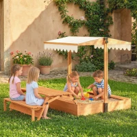 AIYAPLAY Sandkasten mit Dach Sandkiste aus Holz mit klappbarem Picknicktisch Sitzbänken für 3-8 Jahre 184 x 110 x 120 cm Braun(m-2)