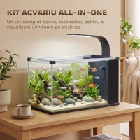 PawHut Acvariu, 24L din Sticlă Securizată cu Filtru, Lumină LED și Pompă de Apă(m-4)
