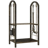 Outsunny Estante de Leña de Metal de 2 Niveles con 4 Herramientas para Chimenea y Ganchos 43x30x74 cm Marrón Oscuro(m-1)