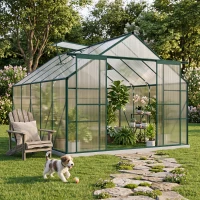 Outsunny 8 x 12ft Aluminium Greenhouse Polycarbonate Walk in Garden Greenhouse Kit with Adjustable Roof Vent, Double Sliding Door, Rain Gutter and Foundation, Clear(m-13)