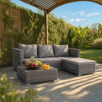 Outsunny 3PC Rattan Garden Furniture Storage Sofa Set, 4 Seater Wicker Coffee Table Conservatory Sun Lounger Reclining Set with Cushion, Grey(m-13)