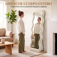HOMCOM Espejo de Cuerpo Entero 160x60 cm Marco Ondulado Aterciopelado Independiente Apoyado y de Pared Crema(m-5)