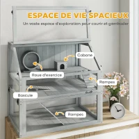 PawHut Cage Hamster Rongeur à 3 Niveaux, Base Amovible Profonde, Cabane, Balançoire, 80x50x76cm Gris Clair(m-4)