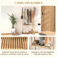 HOMCOM Cuier din Bambus cu Raft pentru Încălțăminte, 2 Cârlige, Cuier Mobil pentru Hol, Sufragerie, Natural(m-6)