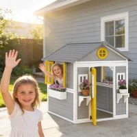 Outsunny Wooden Playhouse with Doors, Windows, Plant Pots, Boxes, for 3-8 Years - Grey(m-10)