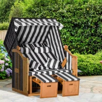 Outsunny Strandkorb mit Fußstützen, Klapptisch und Nackenrollen, Outdoormöbel, Natur + Grau + Weiß(m-10)