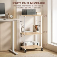 HOMCOM Suport pentru Imprimantă pe 3 Niveluri cu Roți și Cârlige, Masă Modernă, Lemn Natural.(m-4)