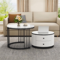 High Gloss Nesting Coffee Table with Marble Pattern Top, Storage Drawers, Modern Round Side Tables for Living Room, White+Black