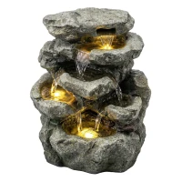 Outsunny Outdoor Fountain with 6-Tier Rock Design, Waterfall Feature with LED Lights, Resin Freestanding Garden Fountain, Grey(m-10)
