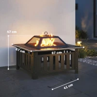 Outsunny Vuurschaal van Staal - Vuurkorf met Vonkenscherm en Pook - Voor Outdoor BBQ of Camping - 67x67x47cm - Zwart(m-3)