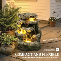 Outsunny Outdoor Fountain with 6-Tier Rock Design, Waterfall Feature with LED Lights, Resin Freestanding Garden Fountain, Grey(m-8)