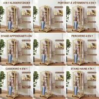 HOMCOM Servomut 4 în 1 pe roți, cu 2 bare, tavă pentru chei și raft pentru pantofi, din bambus, 47x33,7x105,5 cm(m-4)