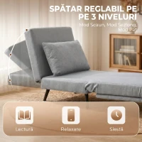 HOMCOM Fotoliu Pat cu Spătar Reglabil 3 Poziții, Pernă Detașabilă din Țesătură cu Aspect de In, Gri Deschis(m-5)