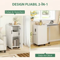 HOMCOM Mobilier pentru Masa de Călcat Pliabil cu Roți, Raft Reglabil și Închidere Soft Close, din Lemn și Material Textil, 128x43x83 cm, Alb(m-4)
