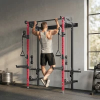 SPORTNOW Power Cage Pieghevole, Rack con Barra Trazioni e Sistema Puleggia Cavi, Rosso(m-2)