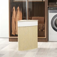 HOMCOM Wäschekorb im Eckdesign, Bambusgeflecht, 55 Liter, Stoffbeutel, Metallrahmen, Creme(m-7)