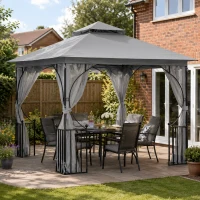 Outsunny 3 x 3(m) Garden Gazebo Patio Party Tent Shelter Outdoor Canopy Double Tier Sun Shade Metal Frame Netting, Light Grey(m-2)