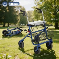 HOMCOM Déambulateur 4 roues pliable, rollator en acier inoxydable, siège rembourré en PU, poignée réglable, bleu(m-3)
